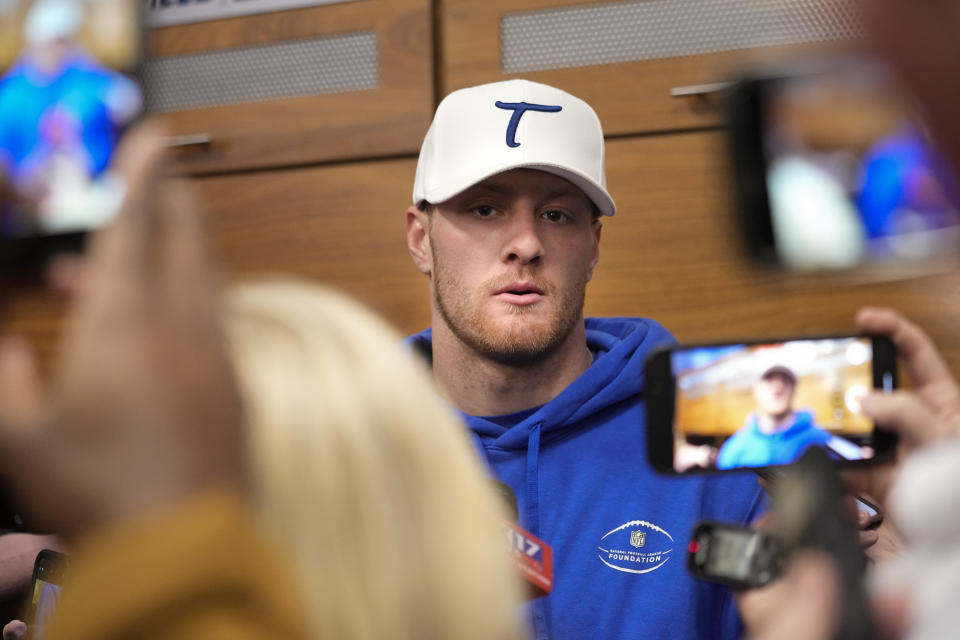 Tennessee Titans quarterback Will Levis responds to questions from reporters at the NFL football team's training facility, Monday, Jan. 8, 2024, in Nashville, Tenn. (AP Photo/George Walker IV)