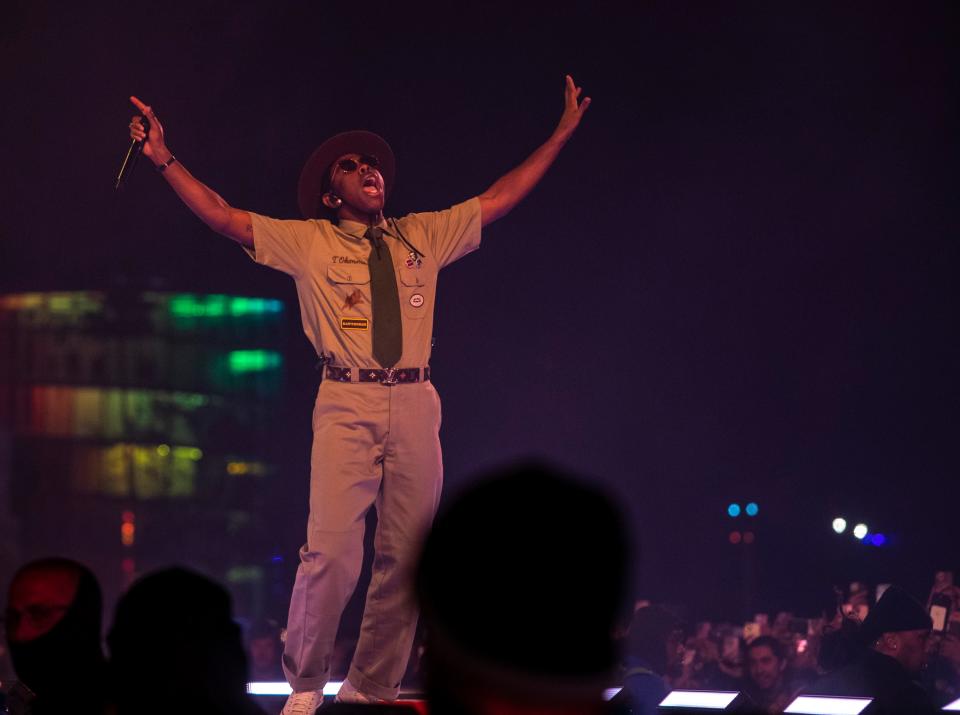 Tyler, The Creator performs on the Coachella Stage during the Coachella Valley Music and Arts Festival in Indio, Calif., Saturday, April 13, 2024.