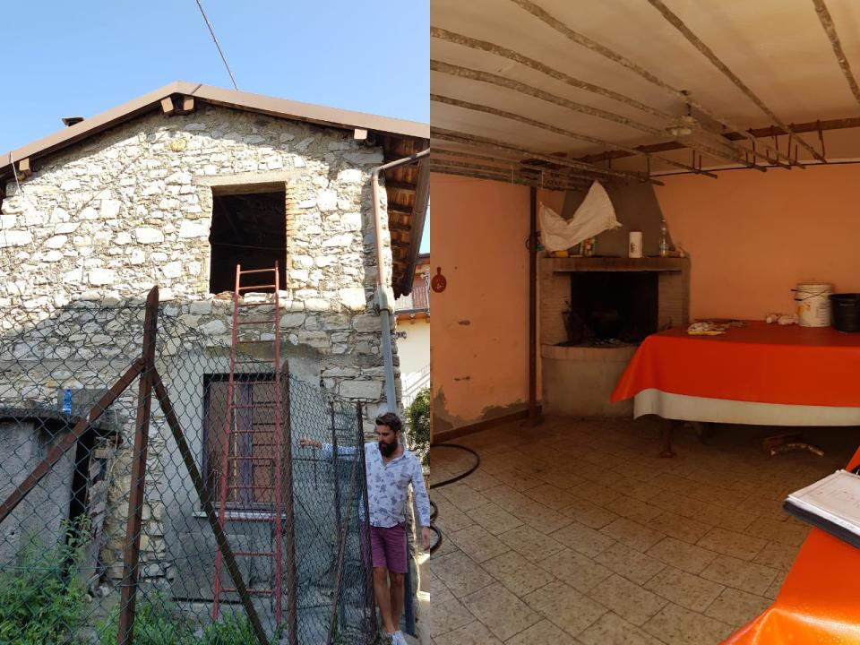 A composite image of a pig shed and the interior of the shed.