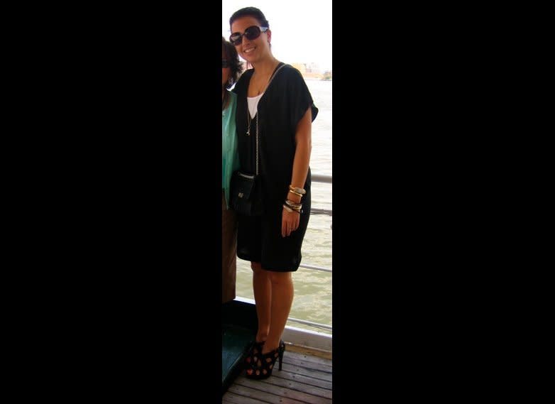 Helmut Lang dress, Givenchy sandals, Chanel bag, J. Crew tank and Marc Jacobs sunglasses.