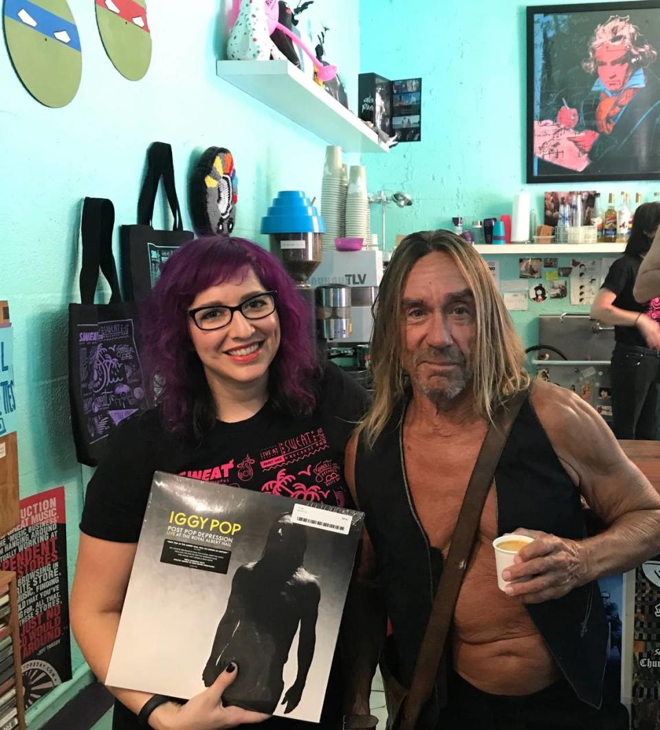 Iggy Pop, right, poses at Sweat Records with owner Lauren “Lolo” Reskin during Record Store Day in 2017.