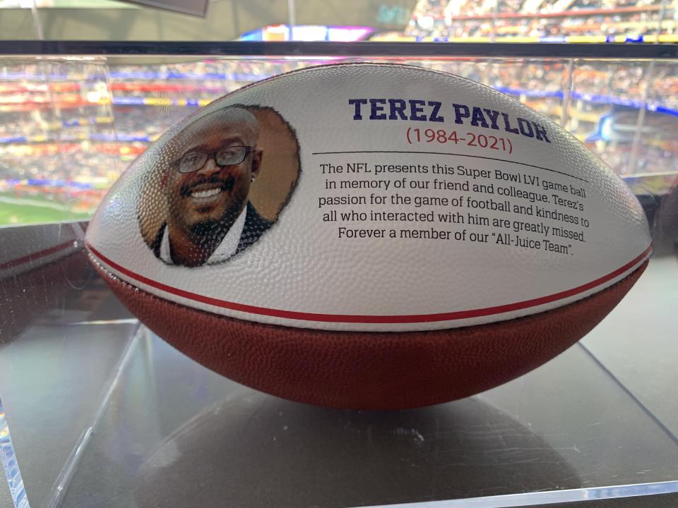The NFL remembered Yahoo Sports senior NFL writer Terez Paylor with a Super Bowl LVI game ball. (Shalise Manza Young/Yahoo Sports)