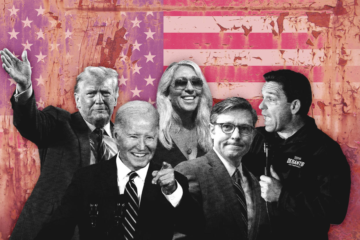 Donald Trump, Joe Biden, Marjorie Taylor Greene, Mike Johnson and Ron DeSantis Photo illustration by Salon/Getty Images