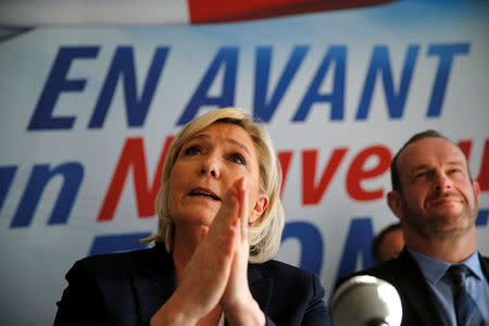 Marine Le Pen, France's far-right National Front (FN) political party leader, attends a news conference in Laon, France February 18, 2018. REUTERS/Pascal Rossignol
