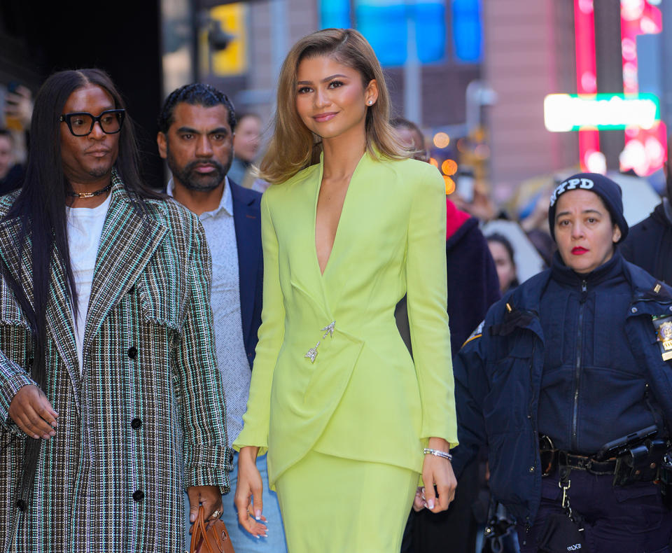 Zendaya arrives at "Live with Kelly and Mark" on April 23 in New York, Law Roach, Thierry Mugler