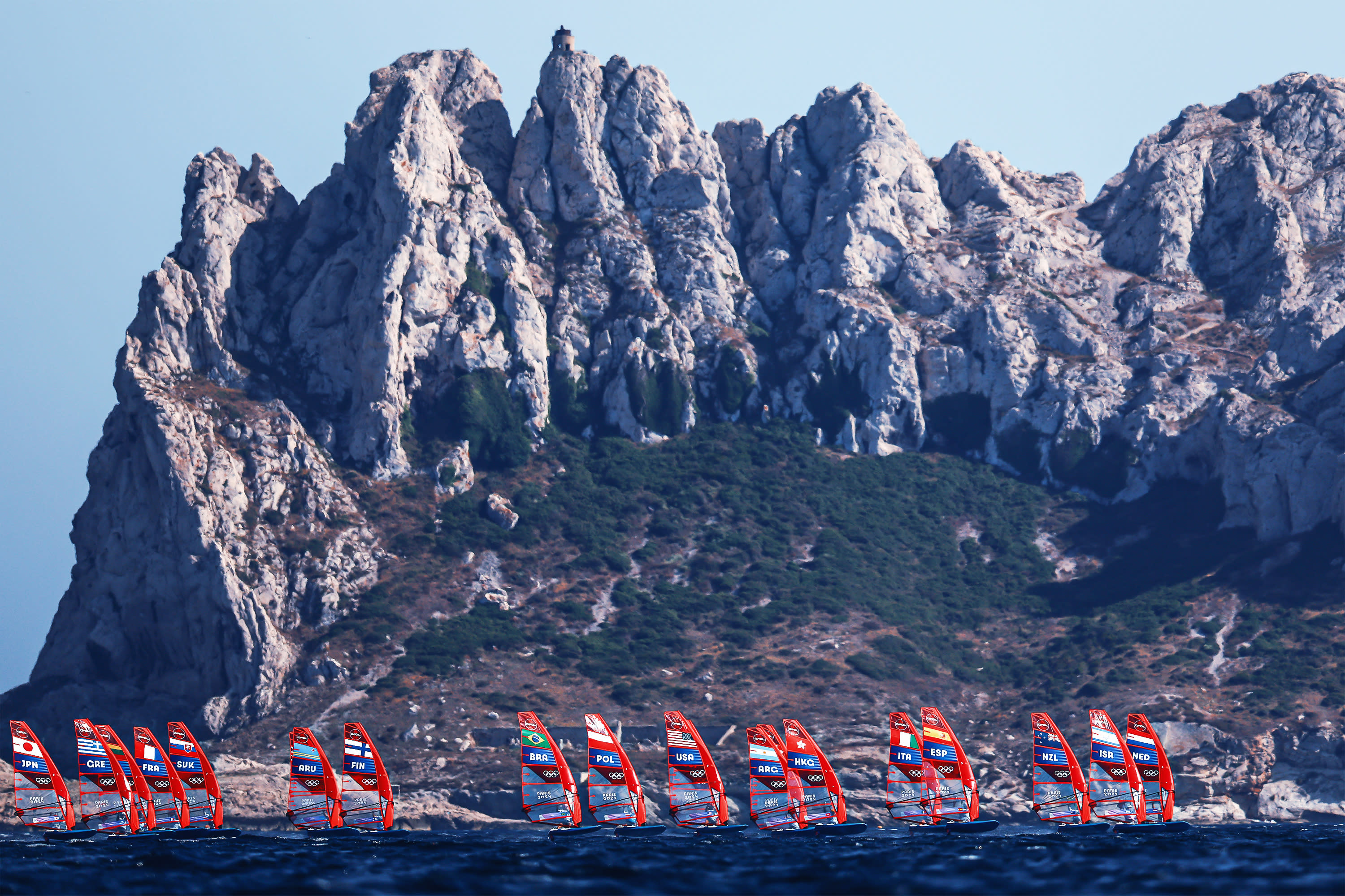 Action in the Men's Windsurf iQFoil class on day five of the Olympic Games Paris 2024 at Marseille Marina on July 31, 2024 in Marseille, France. (Photo by Phil Walter/Getty Images)
