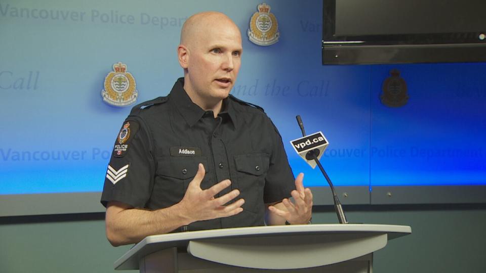 Sgt. Steve Addison with the Vancouver Police Department answers questions from reporters on Sunday May 1, 2022 about a suspicious device discovered near the course of the BMO Vancouver Marathon.