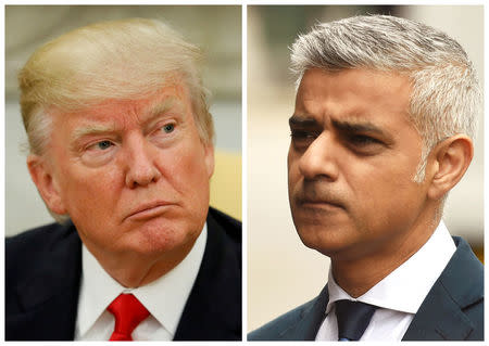 A combination photo shows U.S. President Donald Trump (L) in the Oval Office at the White House in Washington, DC, U.S. on May 31, 2017 and Mayor of London Sadiq Khan at the scene of the attack on London Bridge and Borough Market in central London, Britain, June 5, 2017. REUTERS/Jonathan Ernst (L) and REUTERS/Clodagh Kilcoyne (R)/File Photos