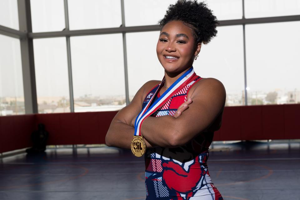 Bel Air wrestler Cydney Davis poses for a portrait on Thursday, April 15, 2024 at Bel Air in El Paso, TX. Davis won the Class 5A girls 152-pound division at the UIL state wrestling championship.