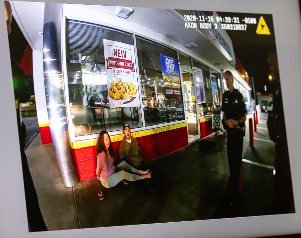 Neely Raye Pesognellie Petrie Blanchard is pictured sitting and handcuffed. The shot, taken from a law enforcement body camera, came from the night Blanchard was detained in Valdosta, Georgia.