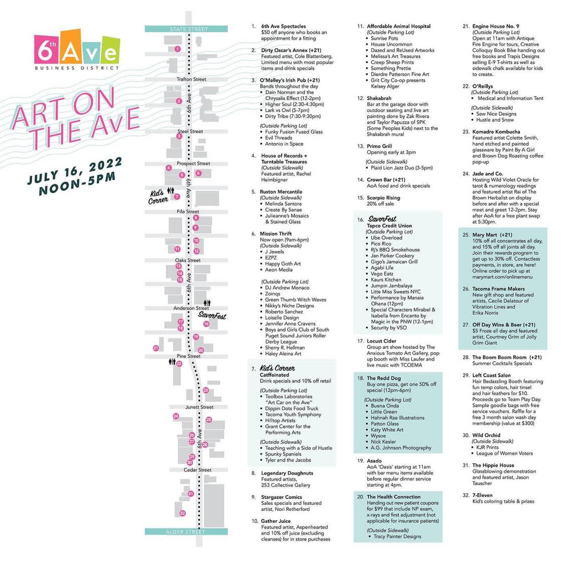 Official guide to Art on the Ave 2022, plus Savor Fest in the TAPCO parking lot.