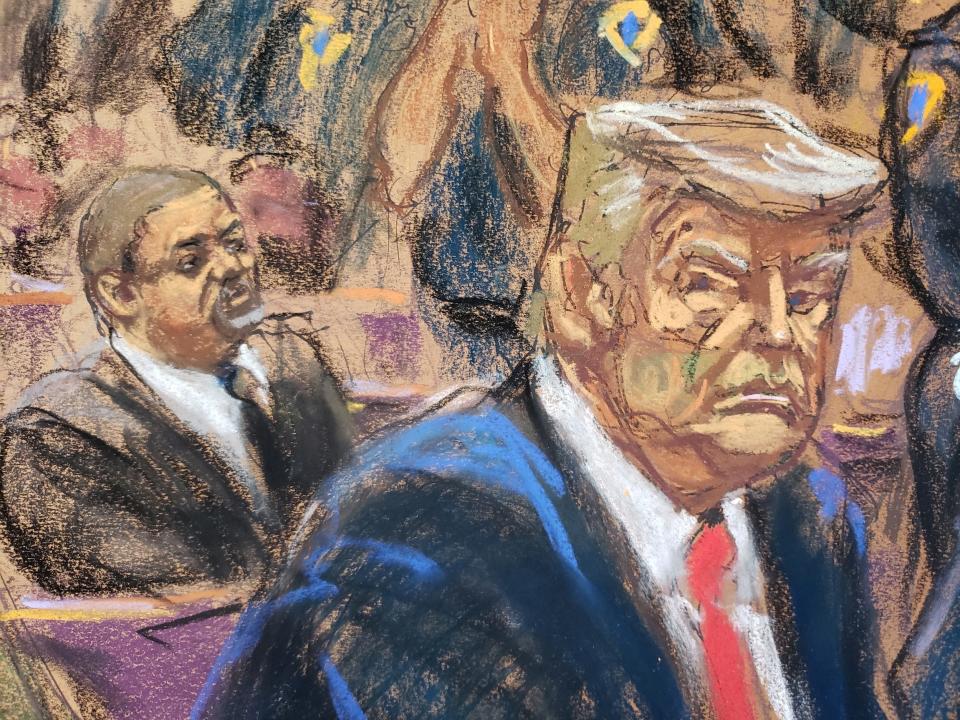 A courtroom sketch of Donald Trump at his arraignment, with Manhattan District Attorney Alvin Bragg pictured seated behind him.