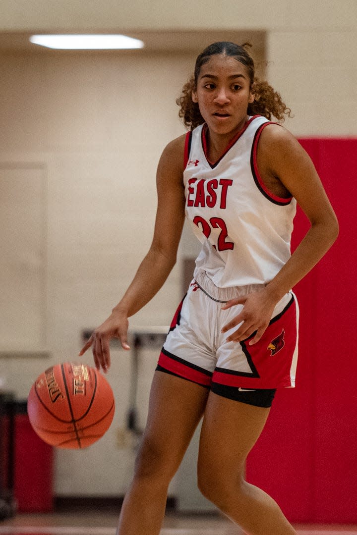 Pocono Mountain East's Jayla South dribbles up the court against East Stroudsburg South in Swiftwater on Tuesday, Jan. 4, 2022. South won, 44-41.