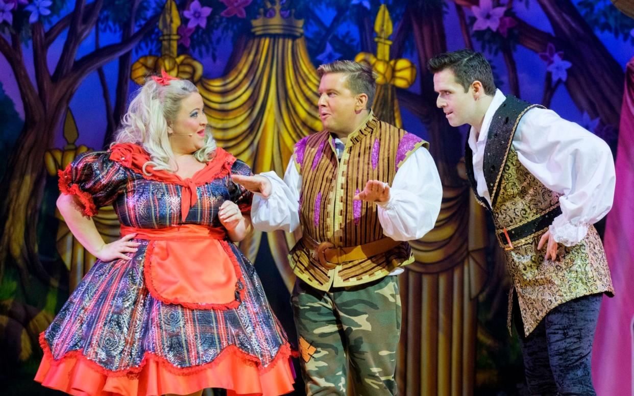 Camp as Christmas: Leah MacRae as Nanny McWee, Greg McHugh as Gary, and Matthew McKenna as Prince Hamish in Snow White at SEC Armadillo