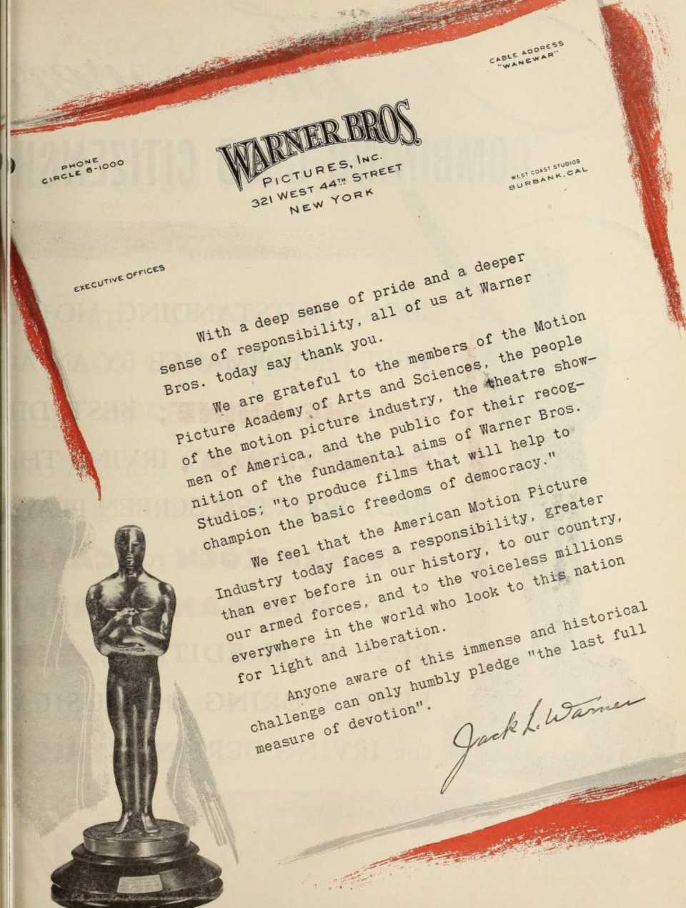 An ad placed by Jack Warner in <em>Motion Picture Daily</em>, March 7, 1944<br>