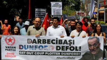 Members of Patriotic Party shout slogans as they demonstrate against the visit of U.S. Chairman of the Joint Chiefs of Staff General Joseph F. Dunford in front of the U.S. Embassy in Ankara, Turkey, August 1, 2016. REUTERS/Umit Bektas