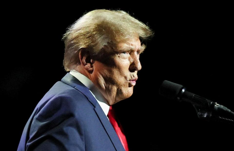 PHOTO: Former President and Republican presidential candidate Donald Trump delivers the keynote address at the National Rifle Association (NRA) Presidential Forum at the Pennsylvania Farm Show Complex & Expo Center, in Harrisburg, Pa., February 9, 2024.  (Leah Millis/Reuters, FILE)