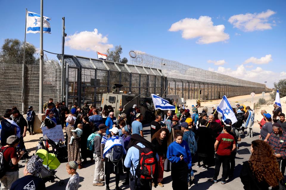 Protesters are taking part in a protest that is blocking aid trucks entering the Gaza Strip at the Nitzana Crossing Point on February 14, 2024 in Nitzana, Israel.