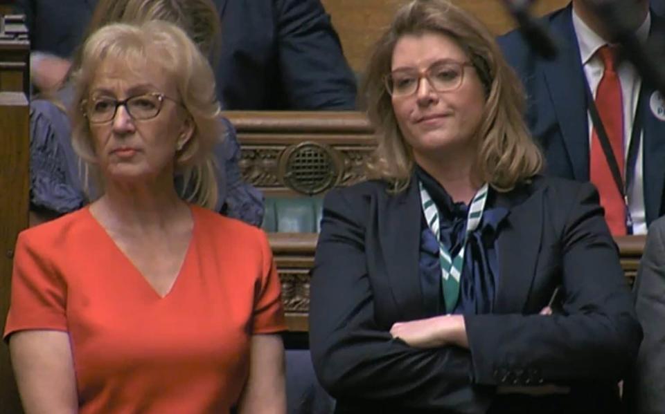 Penny Mordaunt, right, pictured with Andrea Leadsom, left, has been booted out of the contest - PA