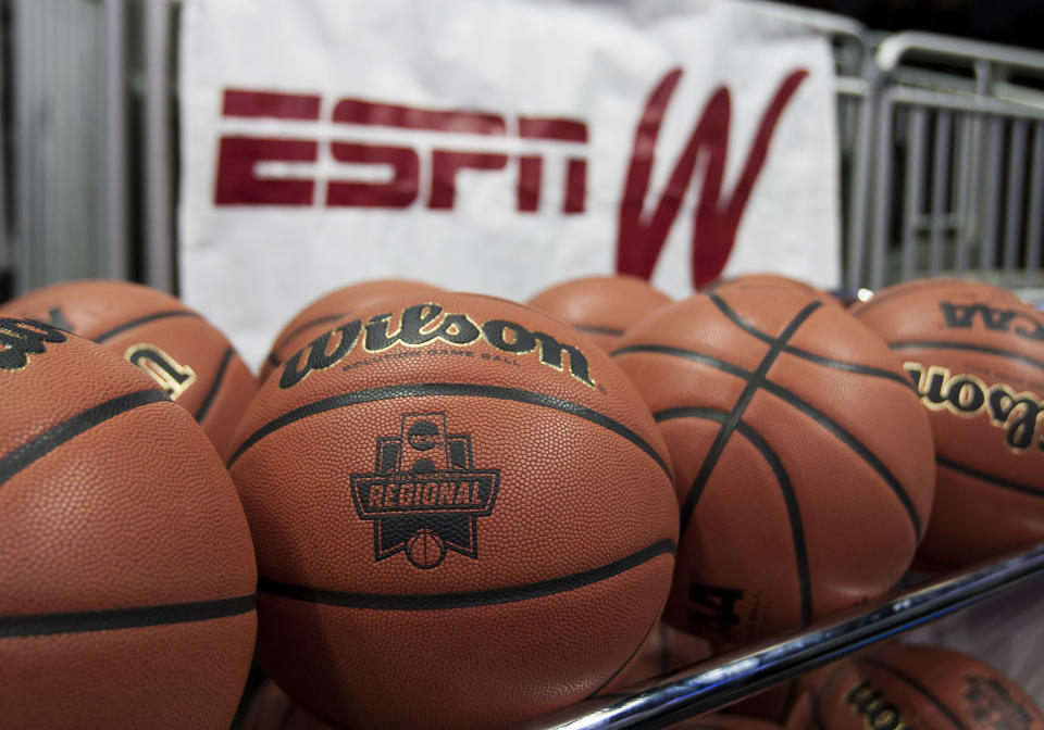 KANSAS CITY, MO - MARCH 25:  NCAA Regional basket ball and ESPN W logo during the NCAA Division I Women's quarter final game between the Mississippi State Bulldogs and the UCLA Bruins on Sunday March 25, 2018 at the Sprint Center in Kansas City, MO. (Photo by Nick Tre. Smith/Icon Sportswire via Getty Images)