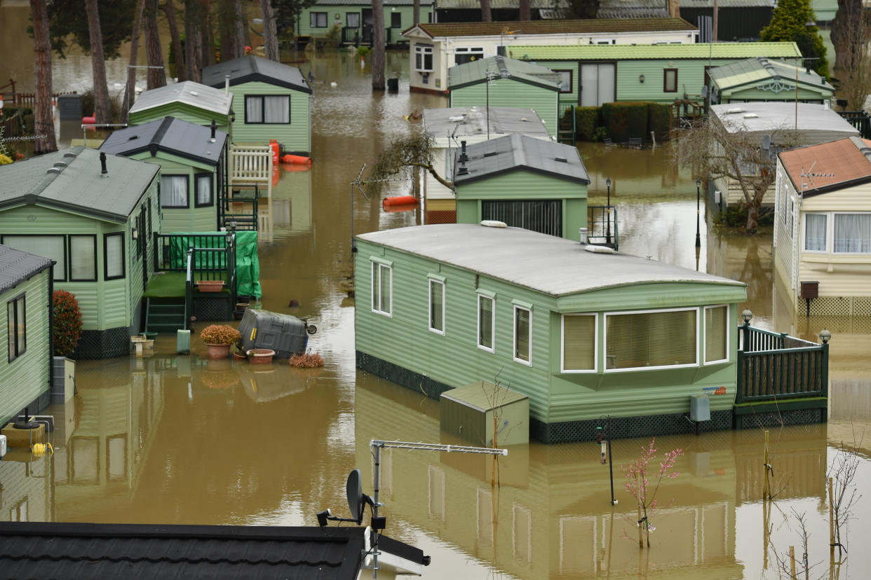 The Riverside Caravan Park Houses surrounded by flood water in in Bridgnorth, Shropshire, in the aftermath of Storm Dennis. (Photo by Jacob King/PA Images via Getty Images)