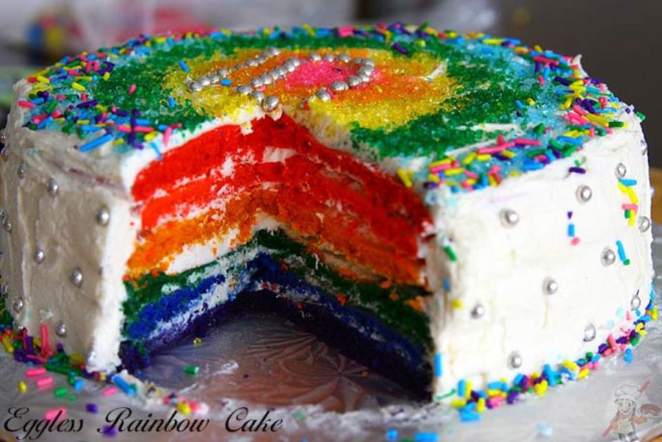 <p>Want to brighten up your little one’s special day? Then why not bake this egg-free rainbow cake!</p><p><strong>Get the recipe: <a href="https://www.egglesscooking.com/eggless-rainbow-cake-recipe/" rel="nofollow noopener" target="_blank" data-ylk="slk:Eggless Rainbow Cake;elm:context_link;itc:0;sec:content-canvas" class="link "><em>Eggless Rainbow Cake</em></a></strong></p>