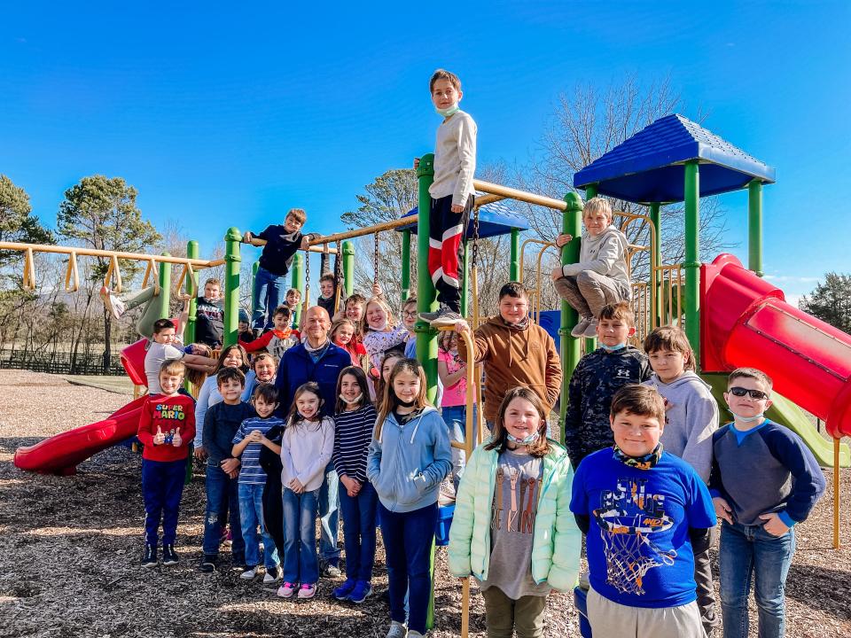 Andy Gilliam, fourth grade ELA and Social Studies teacher with all of his students at Corryton Elementary, Jan. 13, 2022.