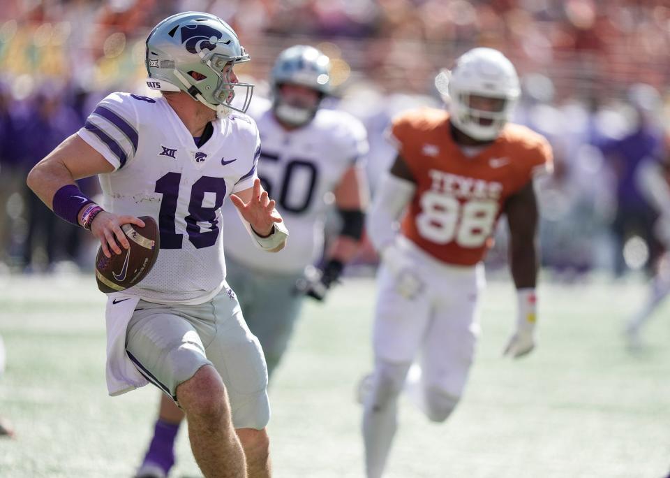 Kansas State Wildcats quarterback Will Howard (18) looks to pass the ball against Texas Longhorns in the 4th quarter of an NCAA college football game, Saturday, November. 4, 2023, in Austin, Texas. Credit: Ricardo B. Brazziell/American-Statesman-USA TODAY NETWORK