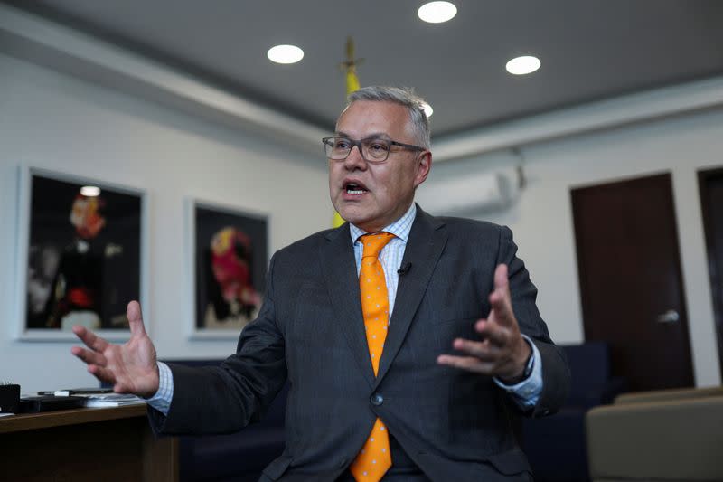 Nestor Osuna, Colombian Minister of Justice speaks during an interview with Reuters in Bogota