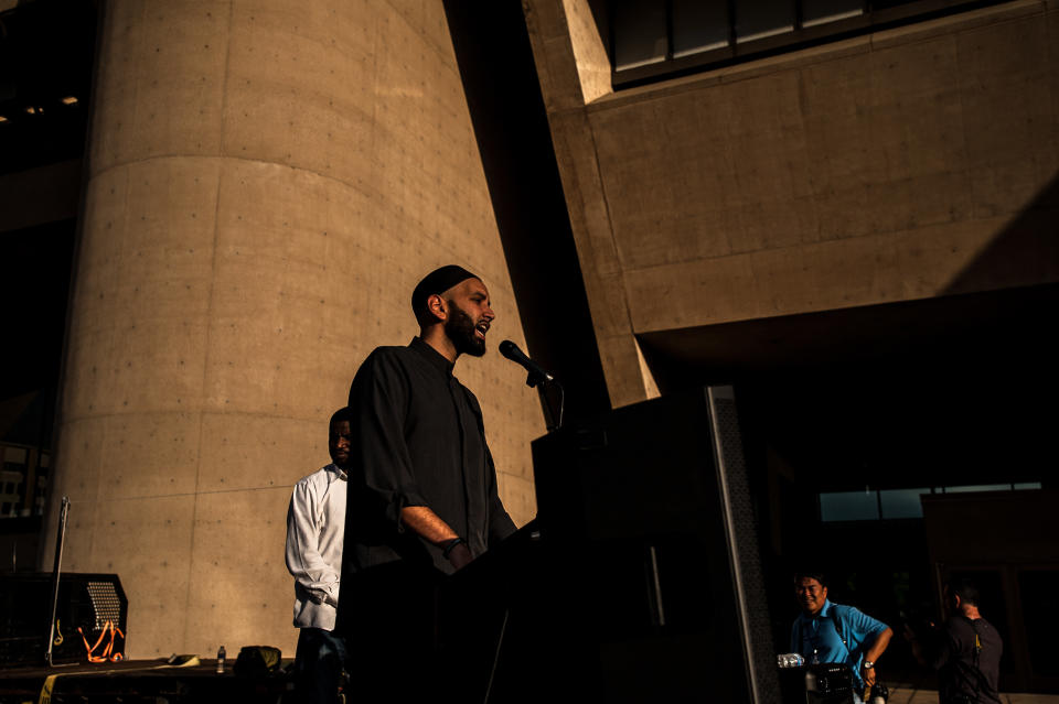 A speaker addresses&nbsp;attendees at the Dallas Stands Against the NRA rally on&nbsp;Friday.