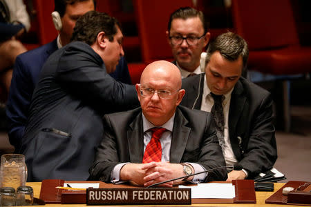 FILE PHOTO: Russian Ambassador to the United Nations Vassily Nebenzia attends a United Nations Security Council meeting about implementation of sanctions against North Korea at U.N. headquarters in New York City, U.S., September 17, 2018. REUTERS/Brendan McDermid