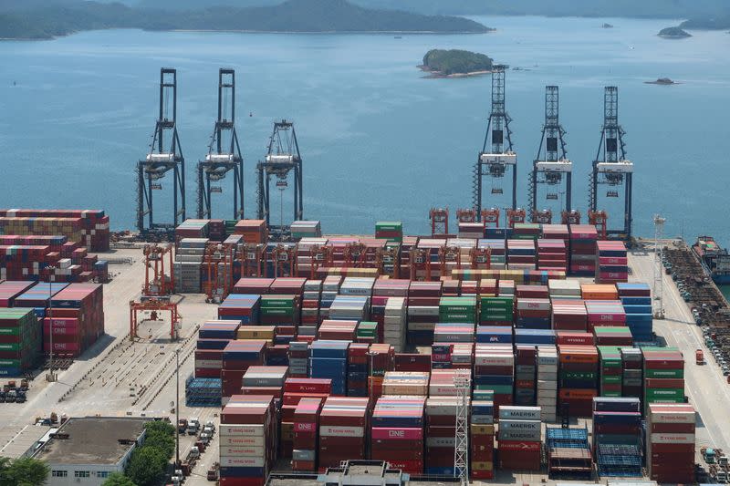 FILE PHOTO: Cranes and containers are seen at the Yantian port in Shenzhen