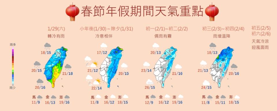 春節連假天氣將有4階段變化。   圖：中央氣象局／提供