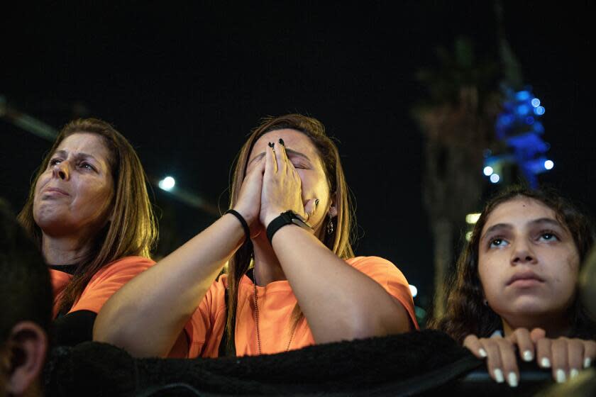 TEL AVIV, ISRAEL - 2023/12/02: An Israeli woman cries for the release of the Israeli hostages during a demonstration in Tel Aviv. Thousands of Israelis joined the Hostages Families Forum protest demanding the release of the Israeli hostages from Gaza following the war renewal. (Photo by Matan Golan/SOPA Images/LightRocket via Getty Images)