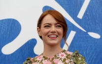 FILE PHOTO: Actress Emma Stone while attending the photocall for the movie "La La Land" at the 73rd Venice Film Festival in Venice, Italy August 31, 2016. REUTERS/Alessandro Bianchi/File Photo