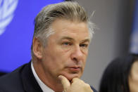 FILE - Actor Alec Baldwin attends a news conference at United Nations headquarters, on Sept. 21, 2015. A Santa Fe district attorney is prepared to announce whether to press charges in the fatal 2021 film-set shooting of a cinematographer by actor Baldwin during a rehearsal on the set of the Western movie “Rust.” Santa Fe District Attorney Mary Carmack-Altwies said a decision will be announced Thursday morning, Jan. 19, 2022, in a statement and on social media platforms. (AP Photo/Seth Wenig, File)