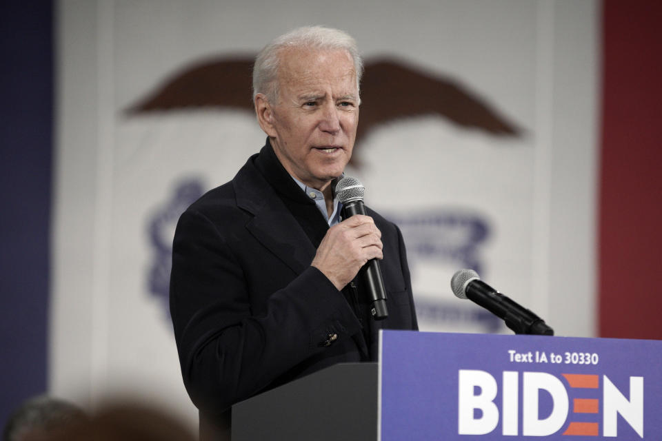 Democratic presidential candidate and former Vice President Joe Biden speaks during a campaign stop in Council Bluffs, Iowa, Wednesday, Jan. 29, 2020. (AP Photo/Nati Harnik)