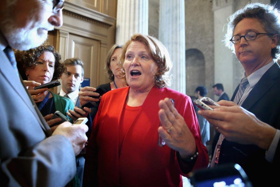 Sen. Heidi Heitkamp, D-N.D., talks with reporters following a 2015 Democratic Senate policy luncheon. (Photo: Chip Somodevilla/Getty Images)