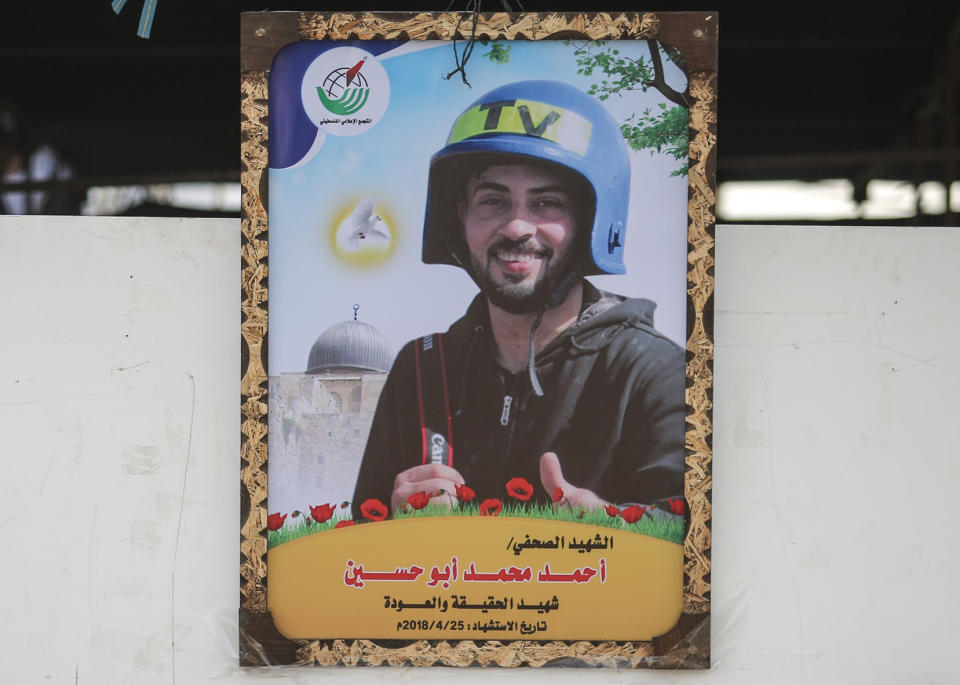 Ahmed Abu Hussein, a Palestinian photojournalist covering protests for Radio Azadi, Voice of the People Radio, Bisan News Agency, was killed in Jabalia, Israel and the Occupied Palestinian Territory, on April 25, 2018. (Photo: Ali Jadallah/Anadolu Agency/Getty Images)