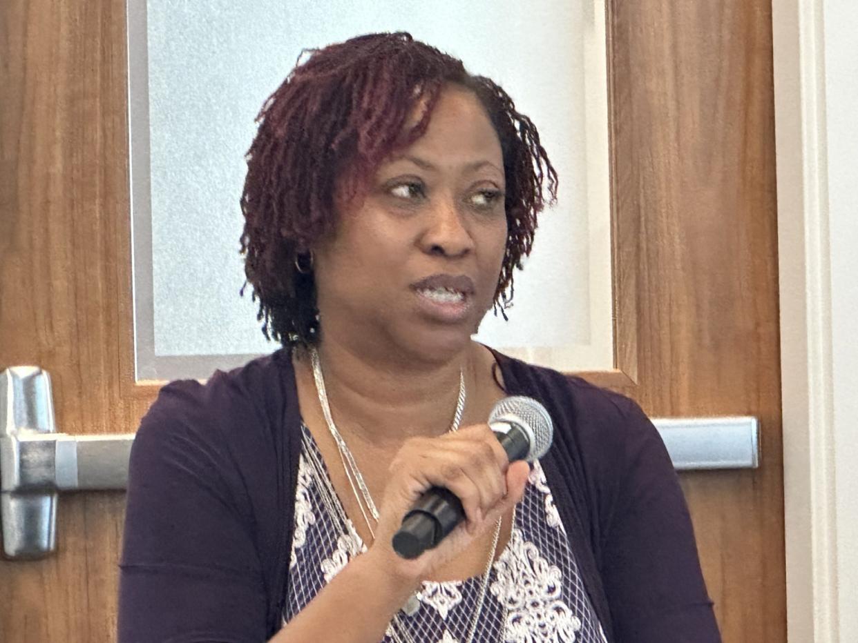 Stephanie Dixon, whose pregnant daughter Sade was murdered by her ex-boyfriend Markeith Loyd in 2016, discusses her daughter's loss and the need for more awareness of domestic violence during a town hall hosted by the Beacon Center board in Daytona Beach.