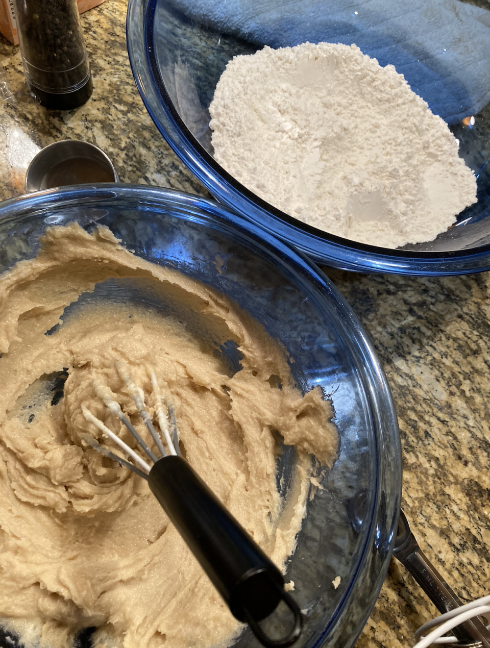 one bowl of dry ingredients and one bowl of wet ingredients