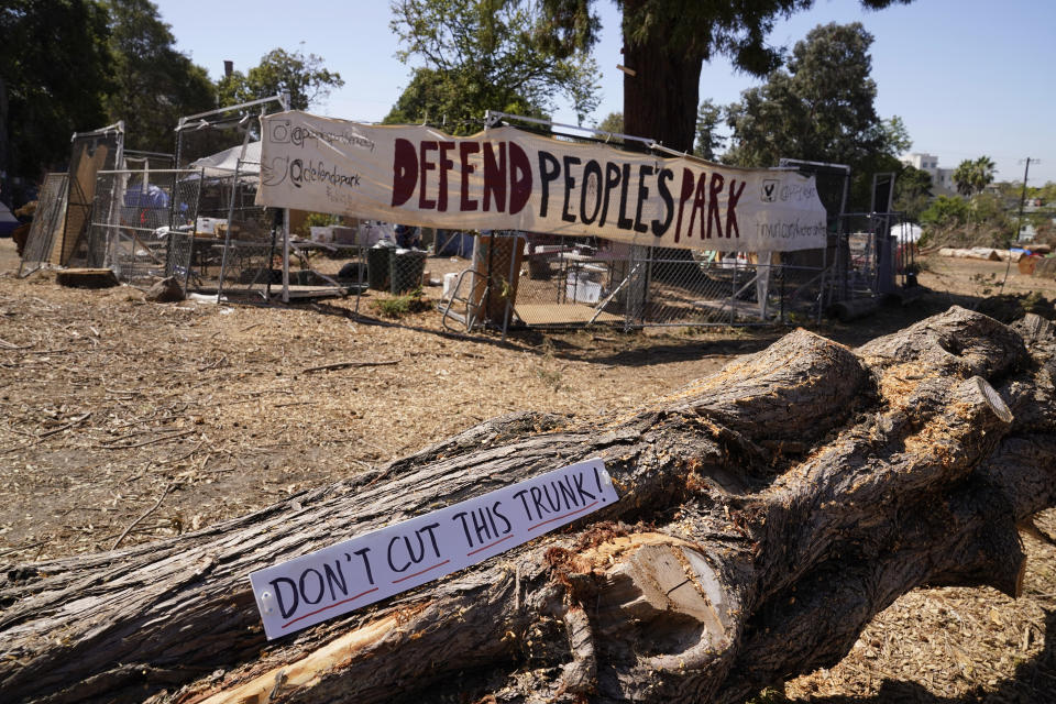 FILE - A fallen tree sits by a newly-erected barricade at People's Park in Berkeley, Calif., on Aug. 16, 2022. A California Supreme Court ruling will allow student housing at University of California to be built at Berkeley's historic People's Park. (AP Photo/Eric Risberg, File)