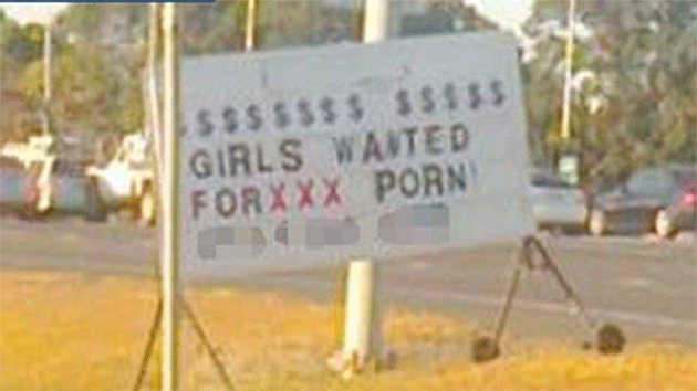 Outrage over porn work sign