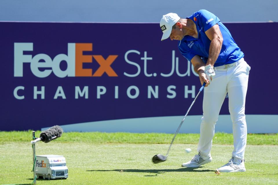 Viktor Hovland tees off on the first hole during the third round of the FedEx St. Jude Championship at TPC Southwind in Memphis, Tenn., on Saturday, August 17, 2024.