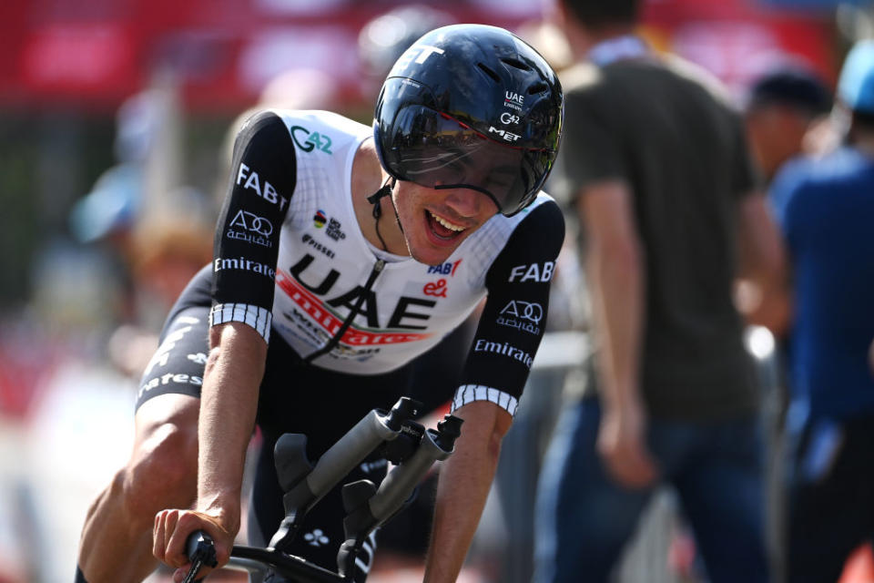 ABTWILL SWITZERLAND  JUNE 18 Juan Ayuso of Spain and UAE Team Emirates crosses the finish line during the 86th Tour de Suisse 2023 Stage 8 a 257km individual time trial from St Gallen to Abtwil  UCIWT  on June 18 2023 in Abtwil Switzerland Photo by Tim de WaeleGetty Images