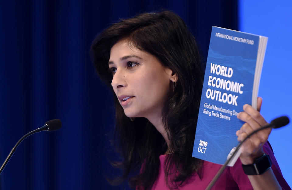 Gita Gopinath, IMF Chief Economist and Director of the Research Department, speaks at a briefing  during the IMF and  World Bank Fall Meetings on October 15, 2019 in Washington, DC. - The world economy is slowing to its weakest pace since the global financial crisis, amid continuing trade conflicts that have undercut business confidence and investment, the IMF said Tuesday. It cut the growth forecast for 2019 to 3.0 percent in its latest World Economic Outlook report, and lowered the 2020 estimate to 3.4 percent. The report warned that the global economy is experiencing 