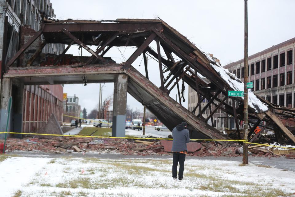 The Packard Plant bridge over Grand Boulevard collapsed blocking the street Wednesday, January 23 , 2019 Detroit, Mich.
