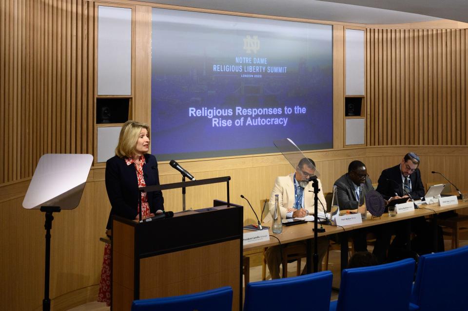 President Camille Johnson, president of the Relief Society of The Church of Jesus Christ of Latter-day Saints, speaks at the Notre Dame Law School Religious Liberty Summit in London on Thursday, July 13, 2023. | Matt Cashore, University of Notre Dame