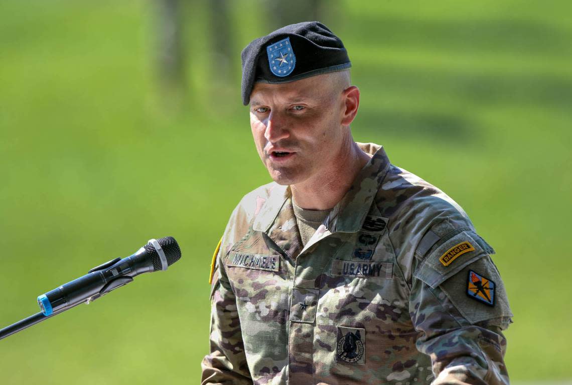 Brig. Gen. Patrick R. Michaelis addresses the audience after becoming the commanding general at Fort Jackson. The change of command ceremony was conducted on Friday, June, 18, 2021 at Hilton Field on Fort Jackson.