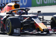 Red Bull driver Max Verstappen of the Netherlands steers his car during the second practice session at the Sochi Autodrom circuit, in Sochi, Russia, Friday, Sept. 24, 2021. The Russian Formula One Grand Prix will be held on Sunday. (AP Photo/Sergei Grits)